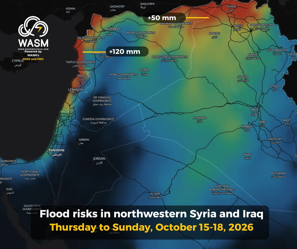 Heavy rainfall and flash‑flood risks in northwest Syria, Lebanon, and parts of Iraq