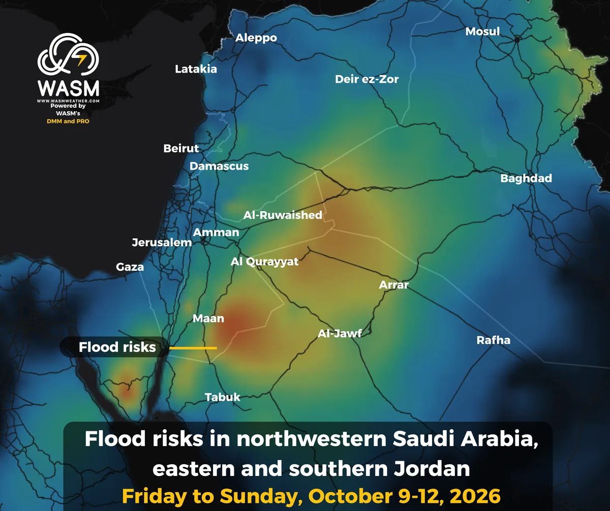 WASM Regional Center | Flash‑flood risks in northwestern Saudi Arabia and in eastern and southern Jordan in the coming days