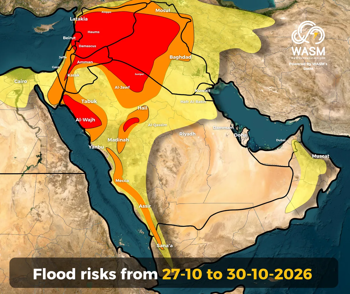 Wasm Regional Center – Alert for heavy thunderstorm rainfall and flash‑flood risks across the Levant, Saudi Arabia, and Iraq.