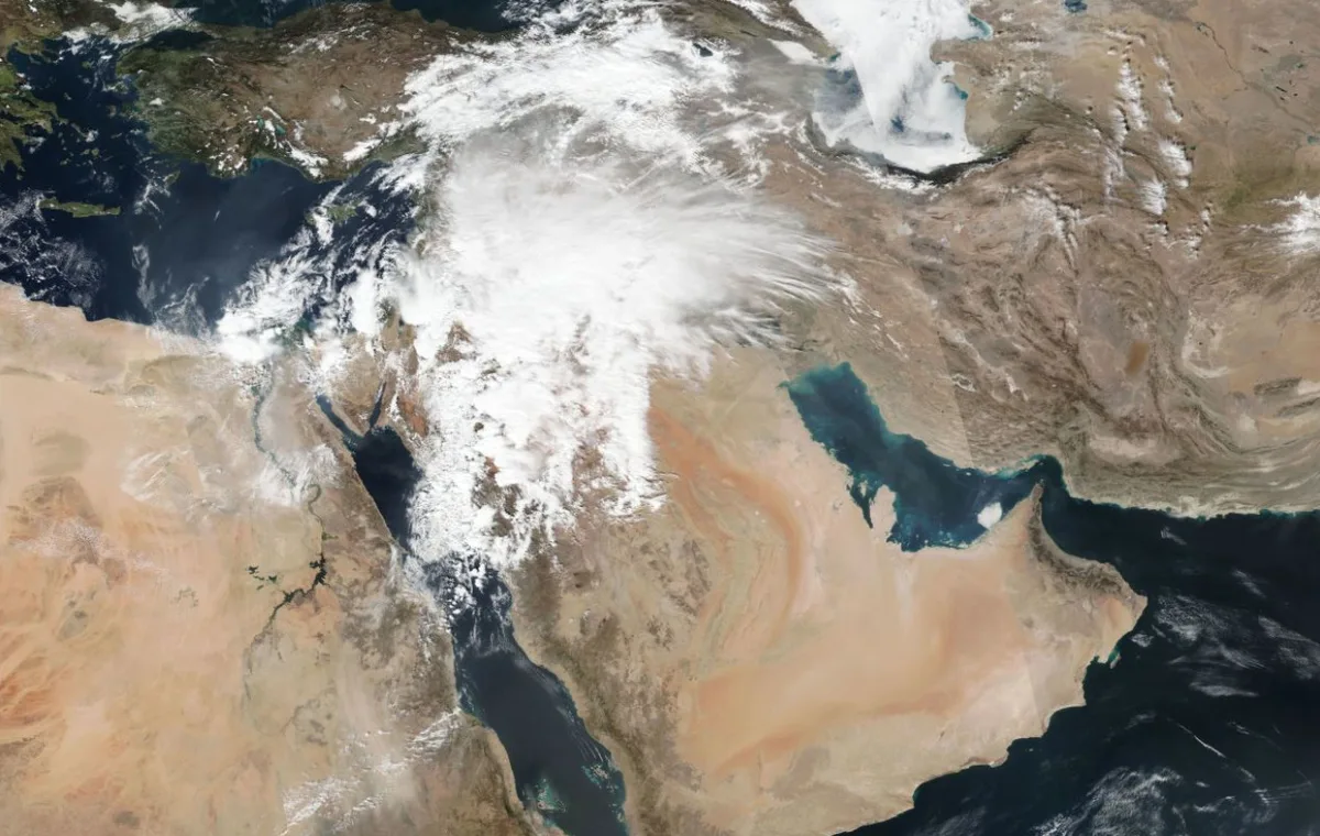 Rain clouds cover more than 2 million square kilometers of the Arabian Peninsula and the eastern Mediterranean