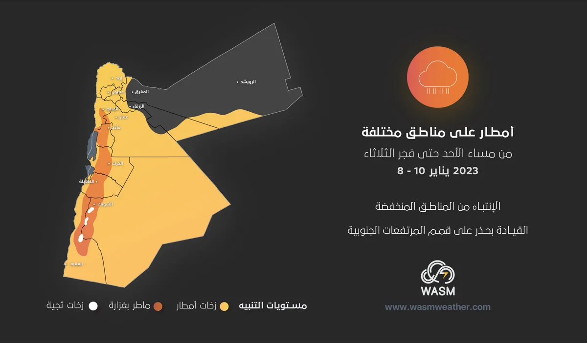 Jordan | Weather Alert | A low-pressure system and heavy rainfall expected across various regions of the Kingdom on Monday