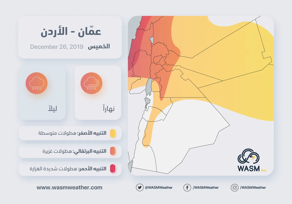 الأردن.. أجواء عاصفة وماطرة بغزارة وتنبيه من تشكّل السيول يوم الخميس