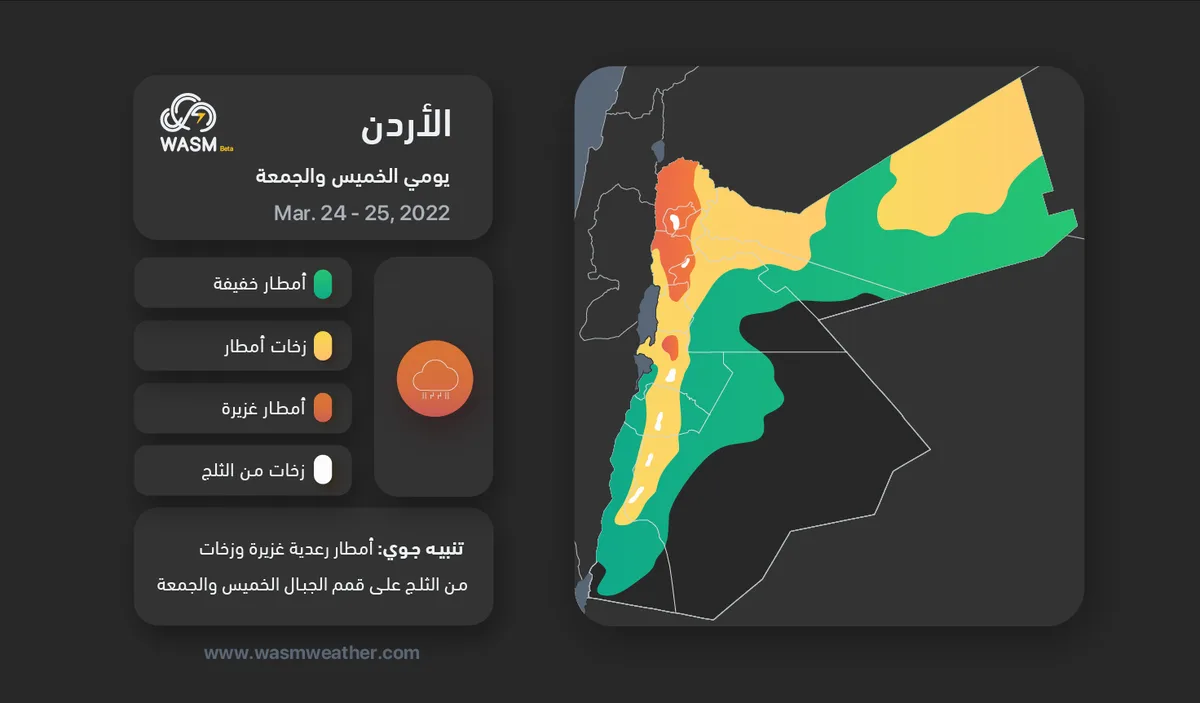 Jordan | Intensification of the atmospheric low-pressure system Thursday and Friday with heavy thunderstorm precipitation