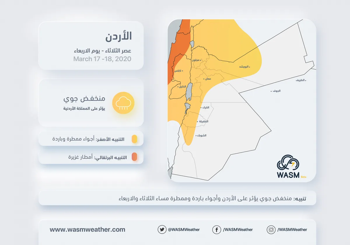 الأردن.. منخفض جوي بارد وممطر يبدأ عصر الثلاثاء و سلسلة منخفضات جوية متوقعة