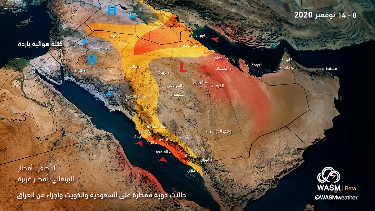 Saudi Arabia and Kuwait.. Rainy weather conditions expected across wide areas in the coming days