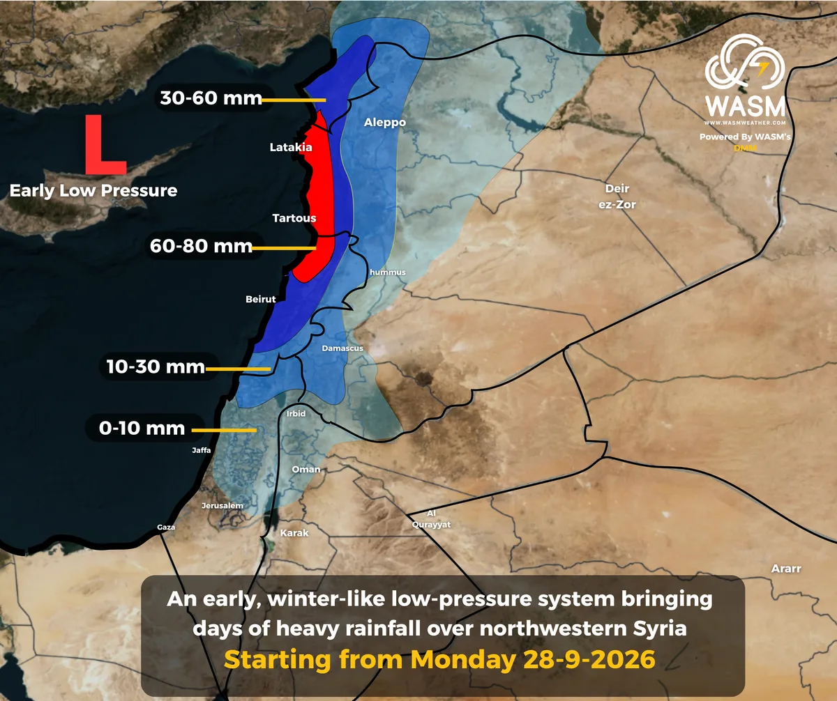 A rare, winter‑like low‑pressure system bringing several days of heavy rainfall over northwestern Syria and Lebanon.