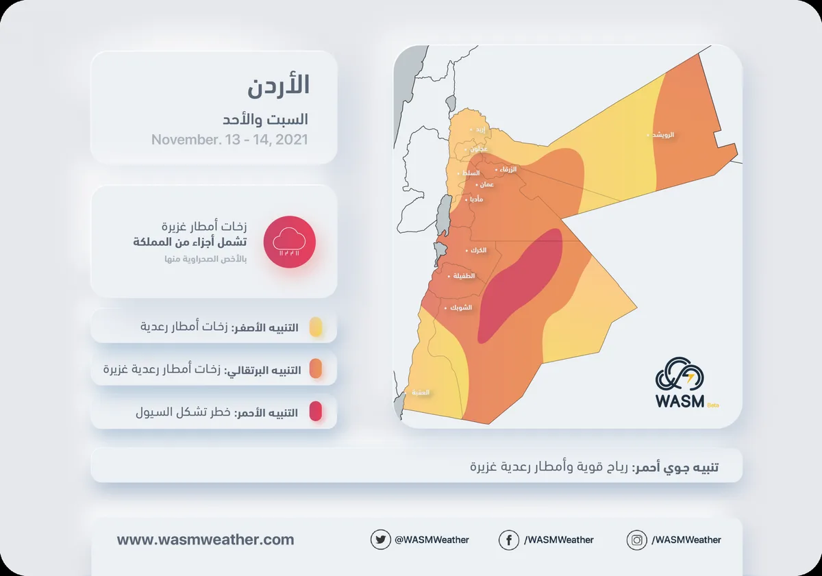 Jordan | Weather Alert: Heavy thunderstorms and strong winds expected in some areas starting Saturday evening