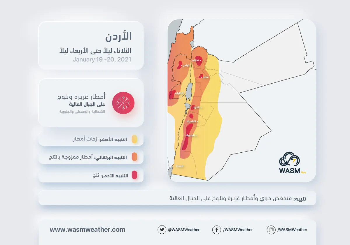Jordan.. Heavy rains Tuesday night and Wednesday with snow on high mountains exceeding 1000 meters