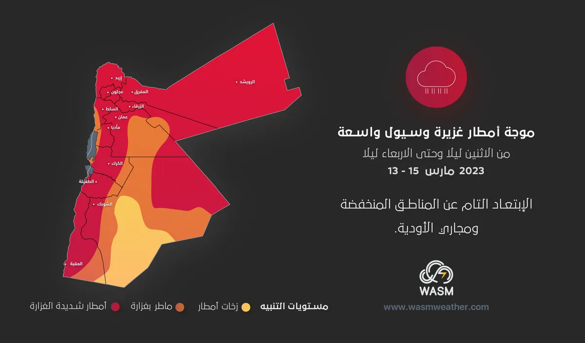 WASM Regional Center | Strong wave of rain and widespread floods expected in Jordan on Tuesday and Wednesday